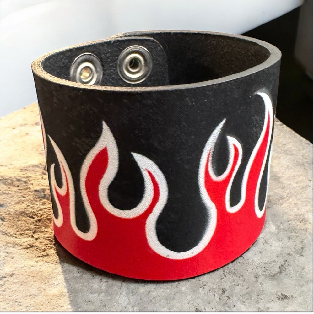 Black Leather Cuff Bracelet with Red Flame Accent